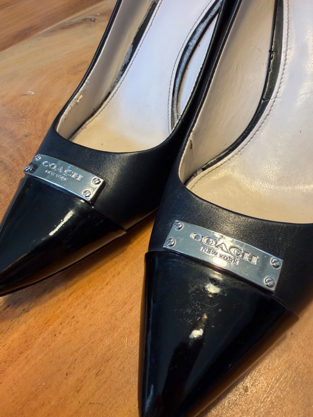 Coach Black Pointed Toe Leather Pumps with Silver Logo Plate - Picture 10 of 14